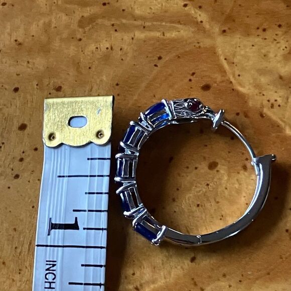 Artistic Blue Spinel Ruby Sterling Silver Hoop Earrings - Picture 7 of 8